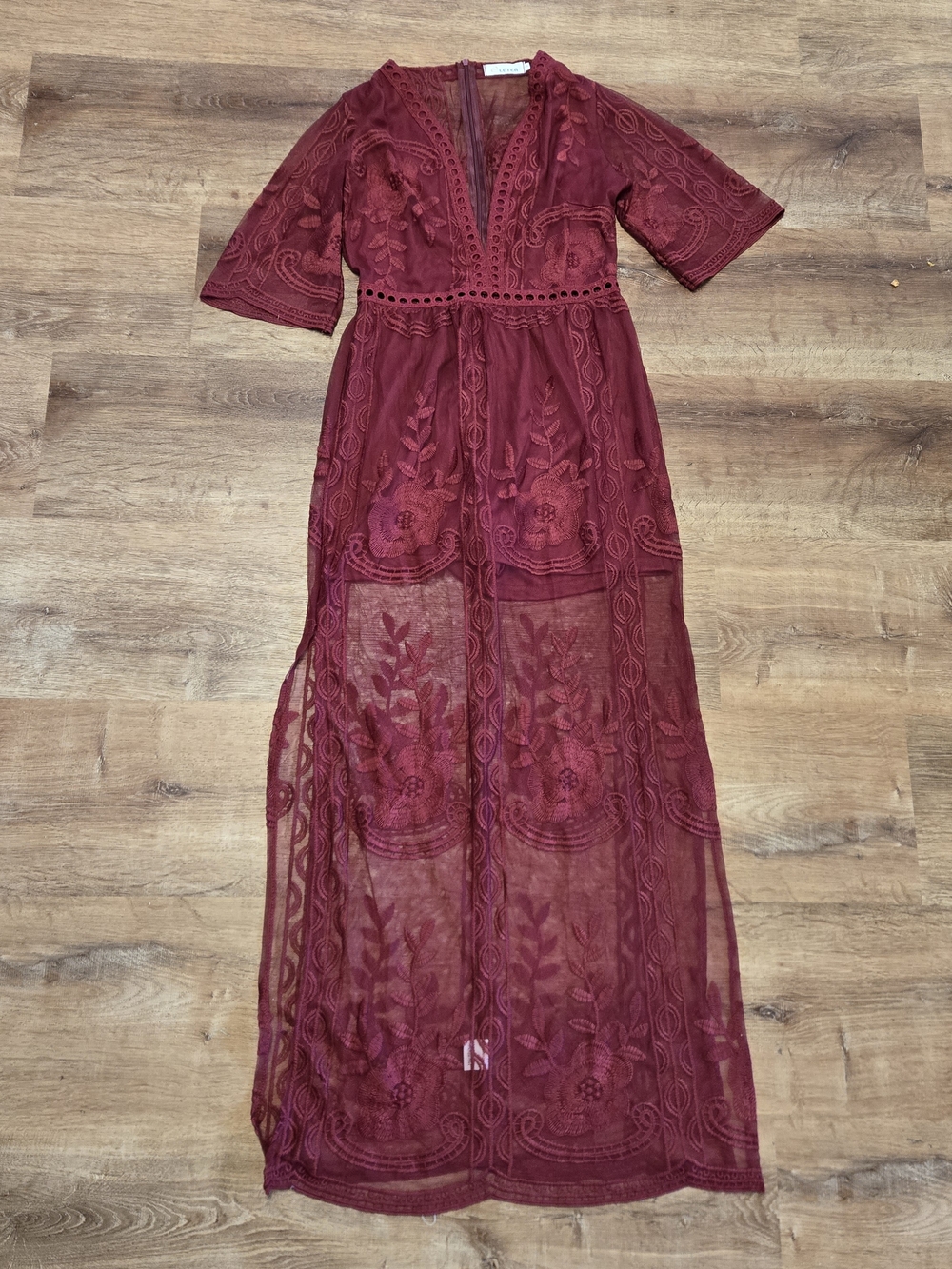 Eleter Burgundy Romper With Embroidered Sheer Maxi Skirt Small